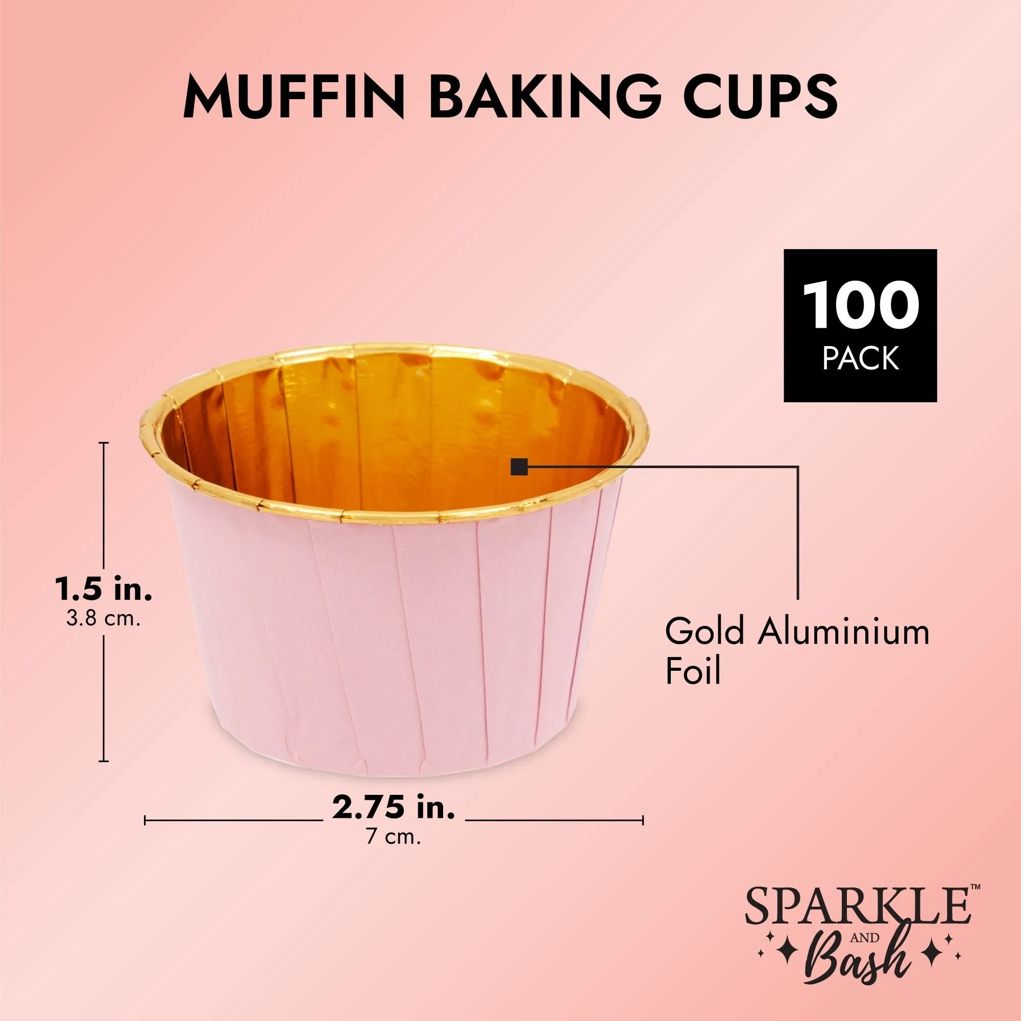 100-Pack Gold Aluminum Foil Cupcake Liners, 2.75x1.5-Inch Pink Colored Baking Cups for Muffins and Baked Desserts, Small Goodie Containers for Loose Nuts and Candies