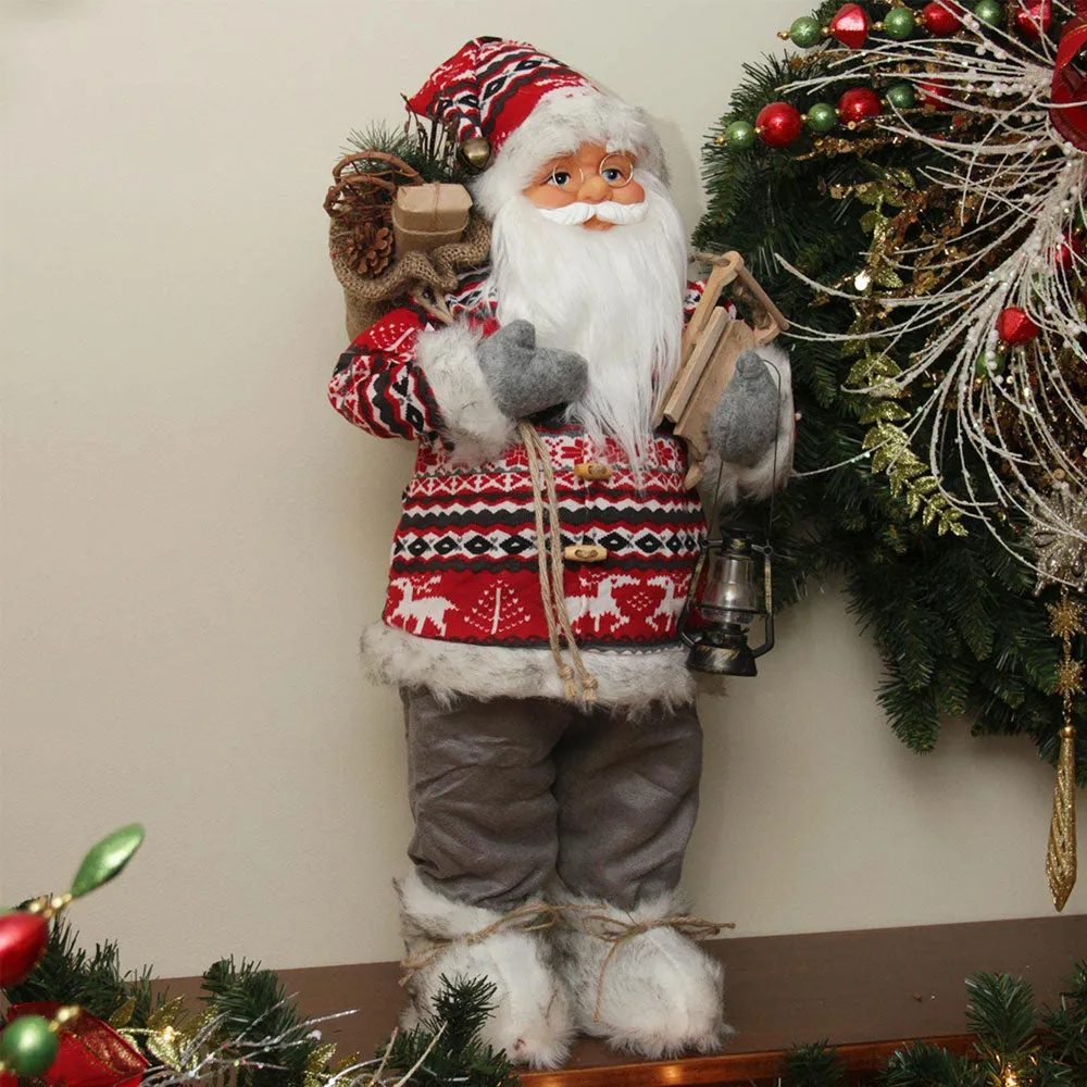 24" Nordic Standing Santa Claus Christmas Figure with Snow Sled and Gift Bag