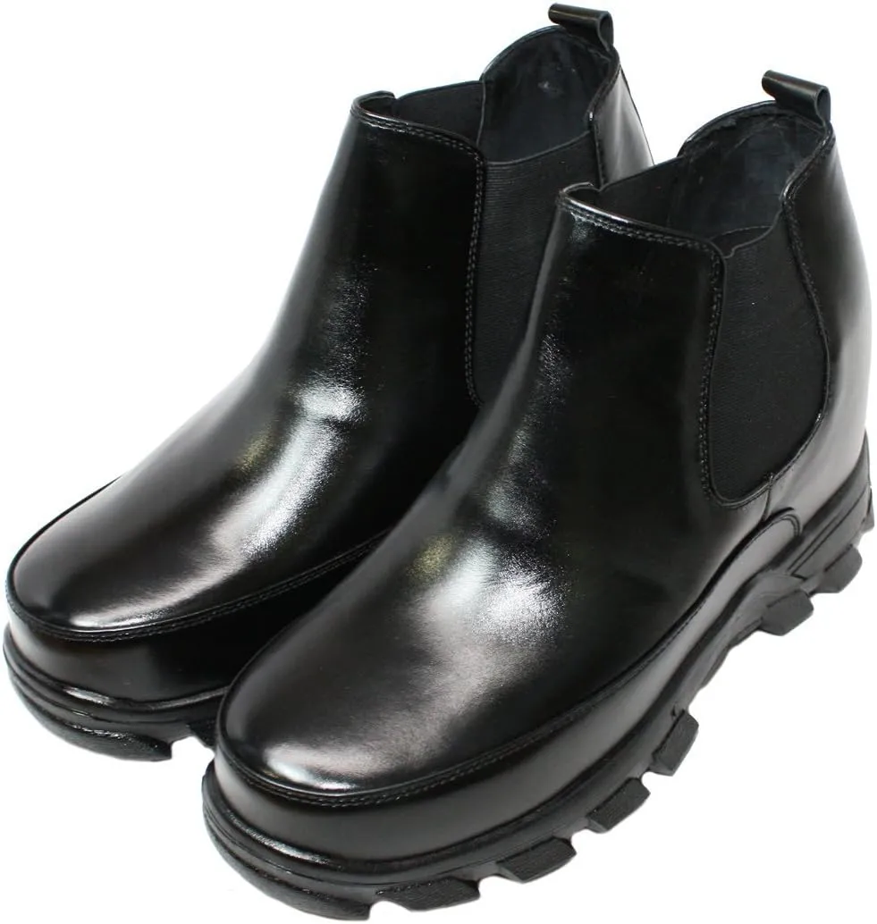 Calden Men's Invisible Height Increasing Elevator Shoes - Black Leather Slip-on Hiking-style Ankle Boots - 4.9 Inches Taller - K332011 - Size 8 D(M) US