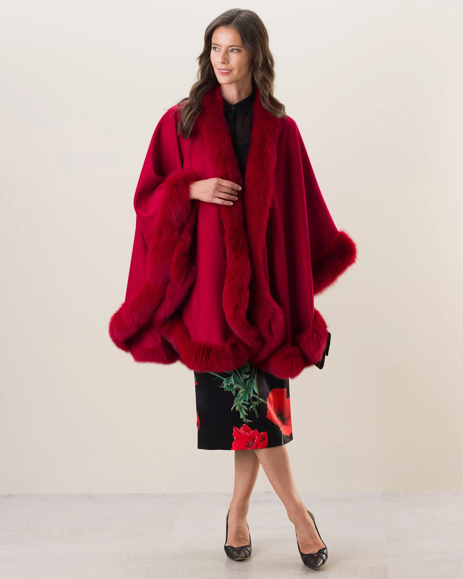 Cervinia Fur Trimmed Cashmere Cape Classic Length