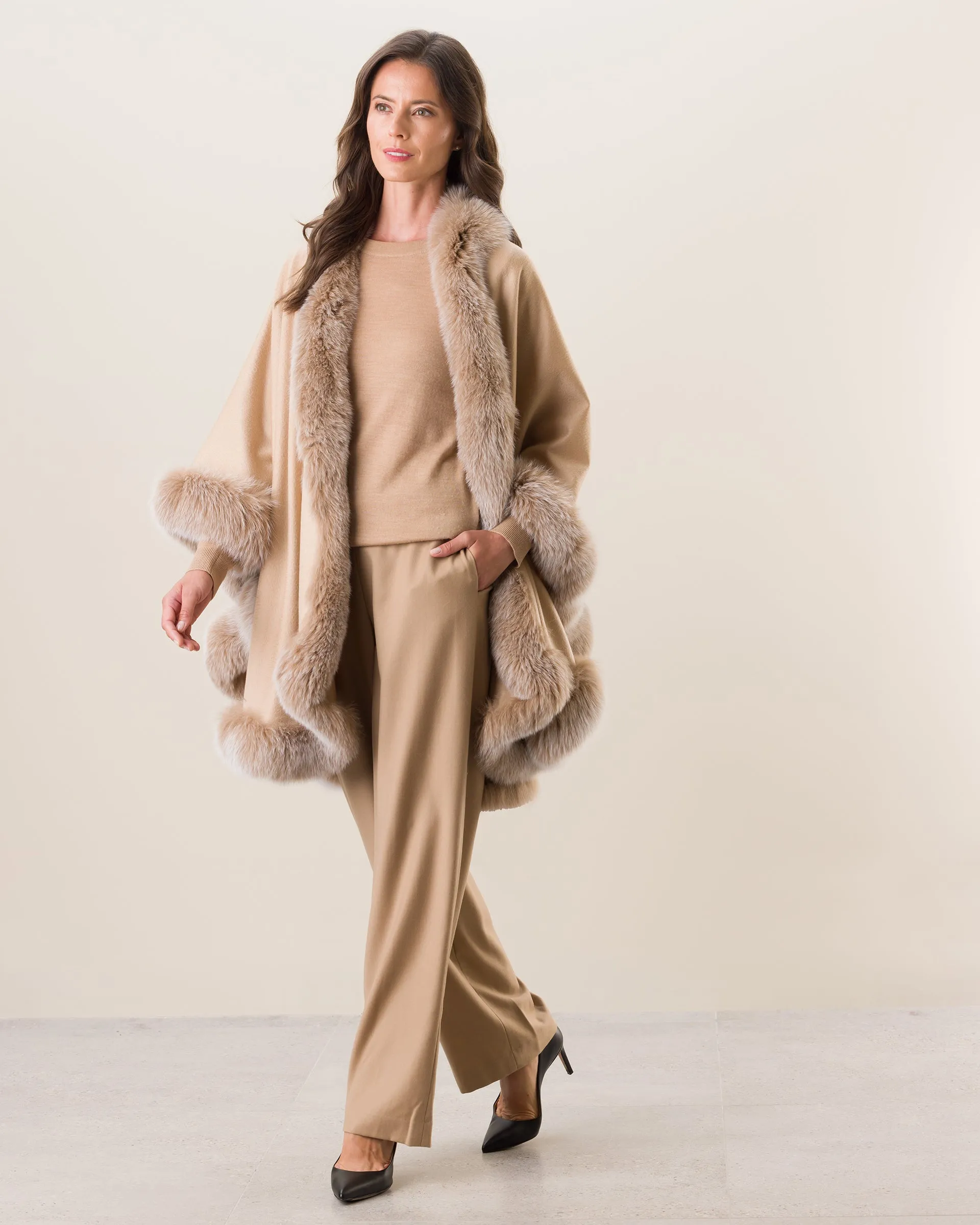 Cervinia Fur Trimmed Cashmere Cape Classic Length