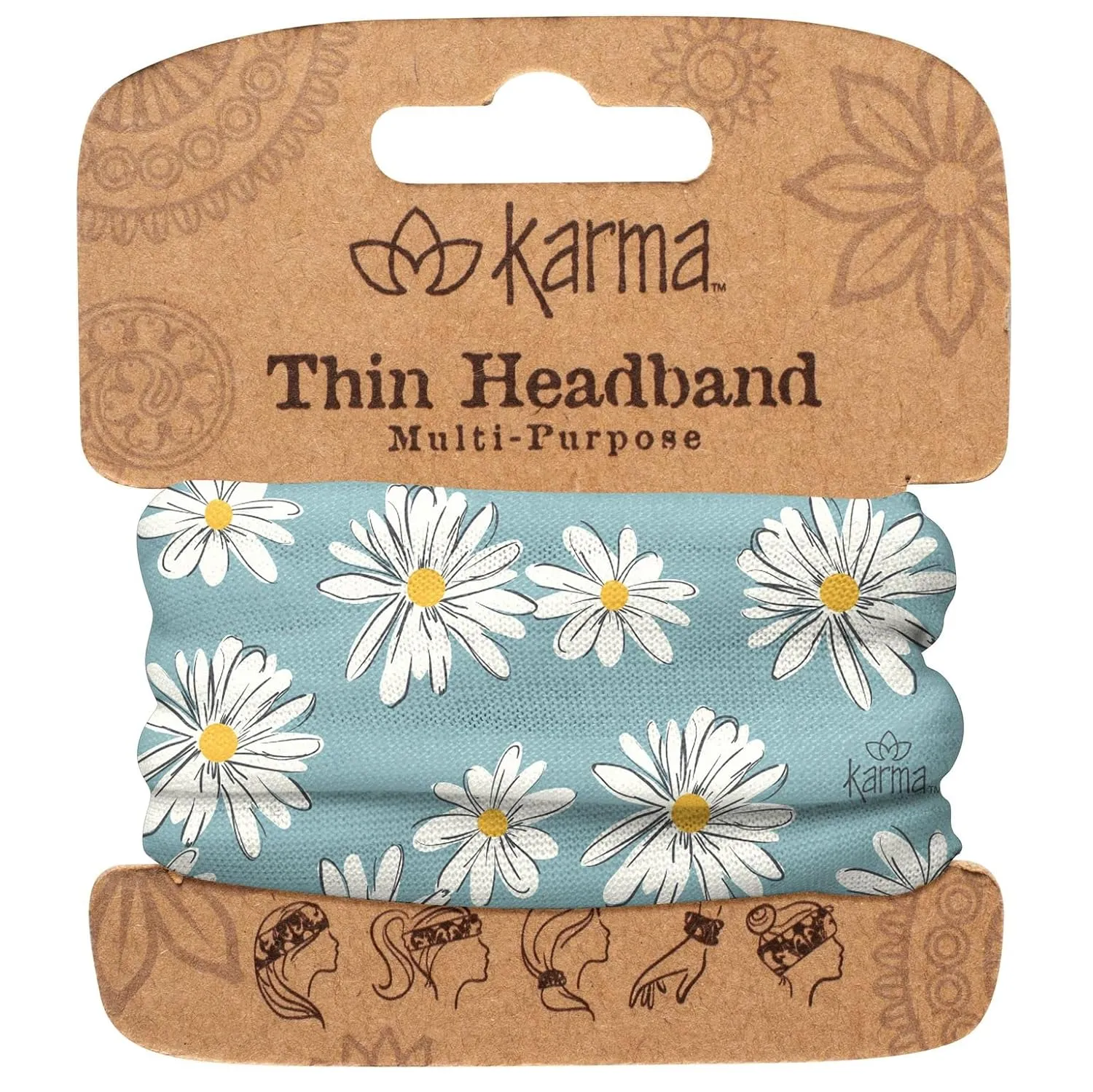 Karma Blue Daisy Headband for Women - Thin - Fabric Headband and Stretchy Hair Scarf - Light Blue