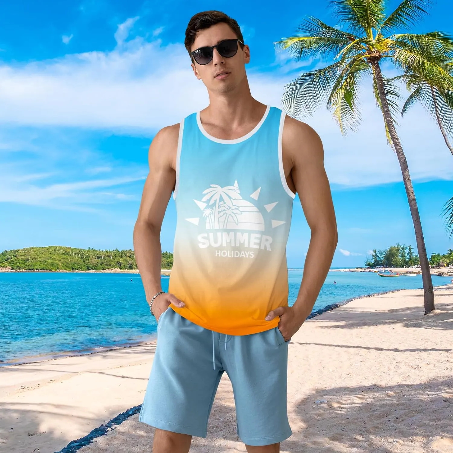 Mens Beach Tank Tops Sleeveless Shirts for Men Summer Hawaiian Graphic Mens Tank Top Workout Gym Shirts Palm Tree Tops