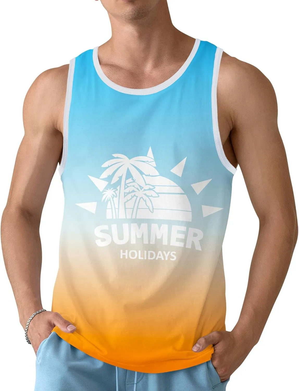 Mens Beach Tank Tops Sleeveless Shirts for Men Summer Hawaiian Graphic Mens Tank Top Workout Gym Shirts Palm Tree Tops