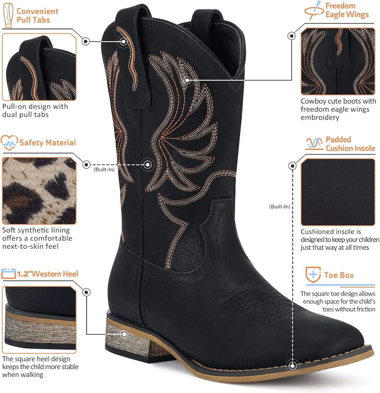 Rollda Kids Cowboy Boots for Boys Girls Western Square Toe Cowgirl Boots with Walking Heel (Toddler/Little Kid/Big Kid)