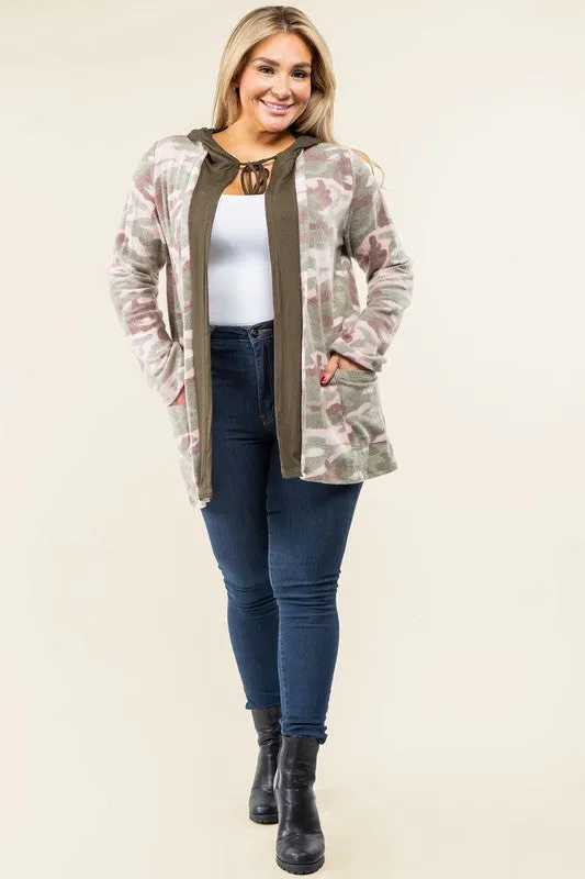 TEEK - Plus Size Camo Hooded Cardigan