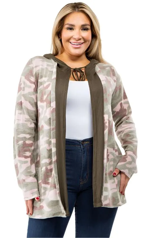 TEEK - Plus Size Camo Hooded Cardigan